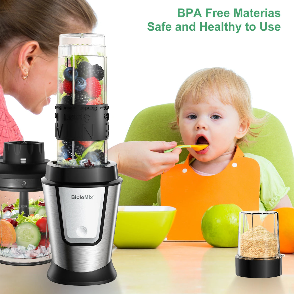Blender compact BioloMix 700W 3-en-1, centrifugeuse, robot culinaire et moulin à sec, parfait pour préparer des jus frais et des trempettes