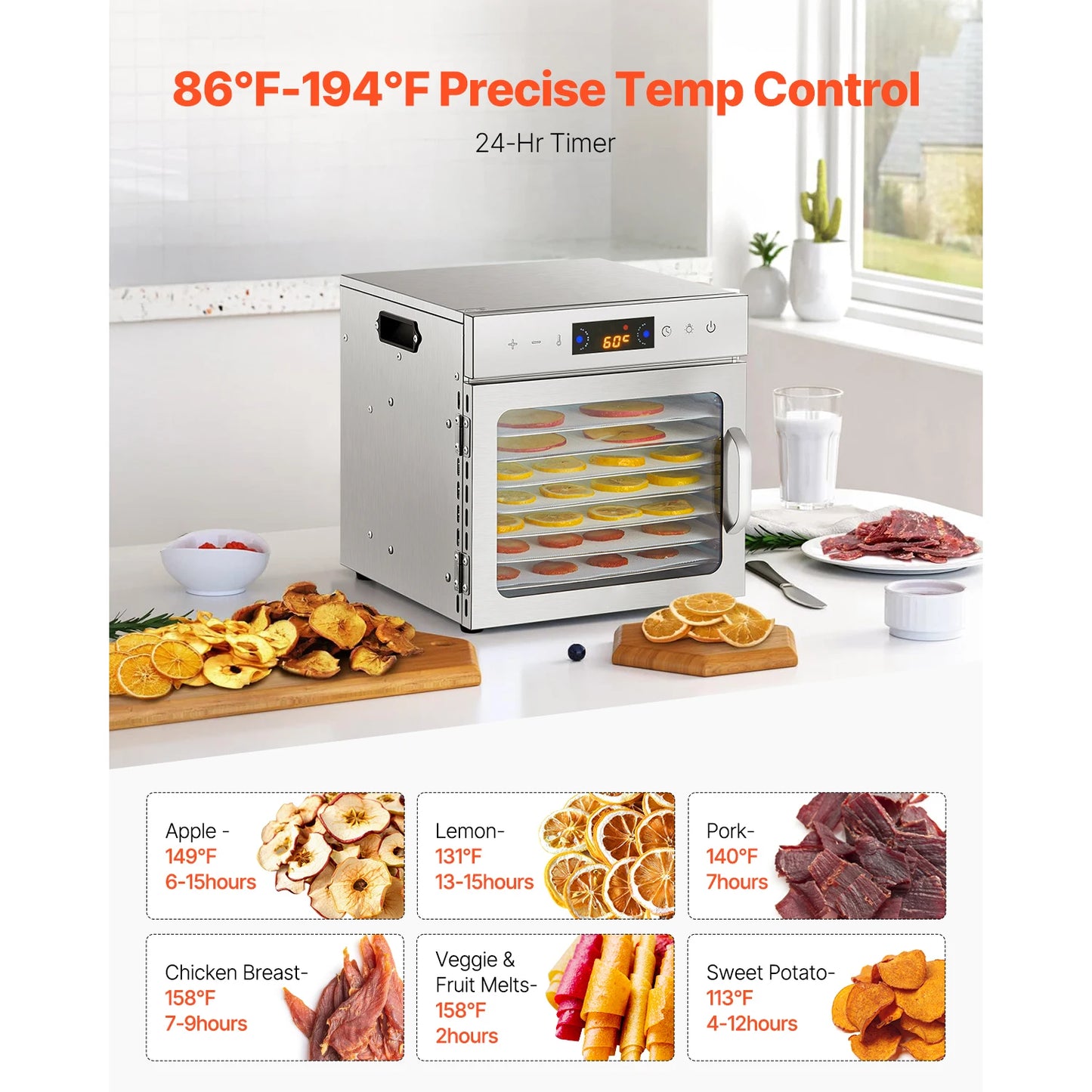 SucceBuy Food Dehydrator Machine 6 8 Stainless Steel Tray 400W Electric Food Dryer with Adjustable Temperature & 24-Hour Timer