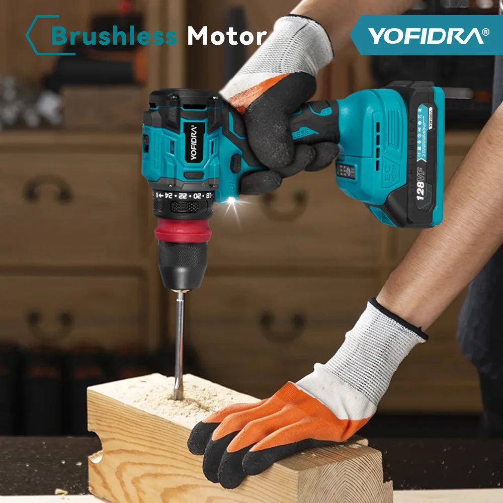 YOFIDRA Brushless Electric Drill Screwdriver 10MM Handheld Cordless Impact Drill Woodworking Power Tool For Makita 18V Battery