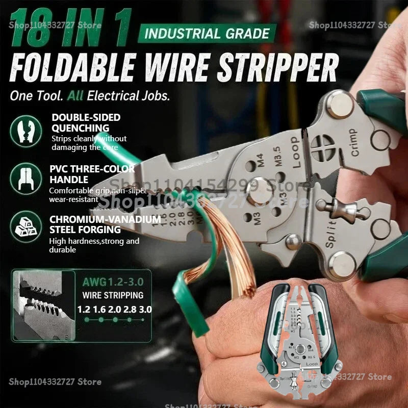 Foldable 18in1 Wire Cutter Wire Stripper Crimper Wire Stripping Tool Cable Stripper Wiring Tools WireCrimping Tool Safety Lock