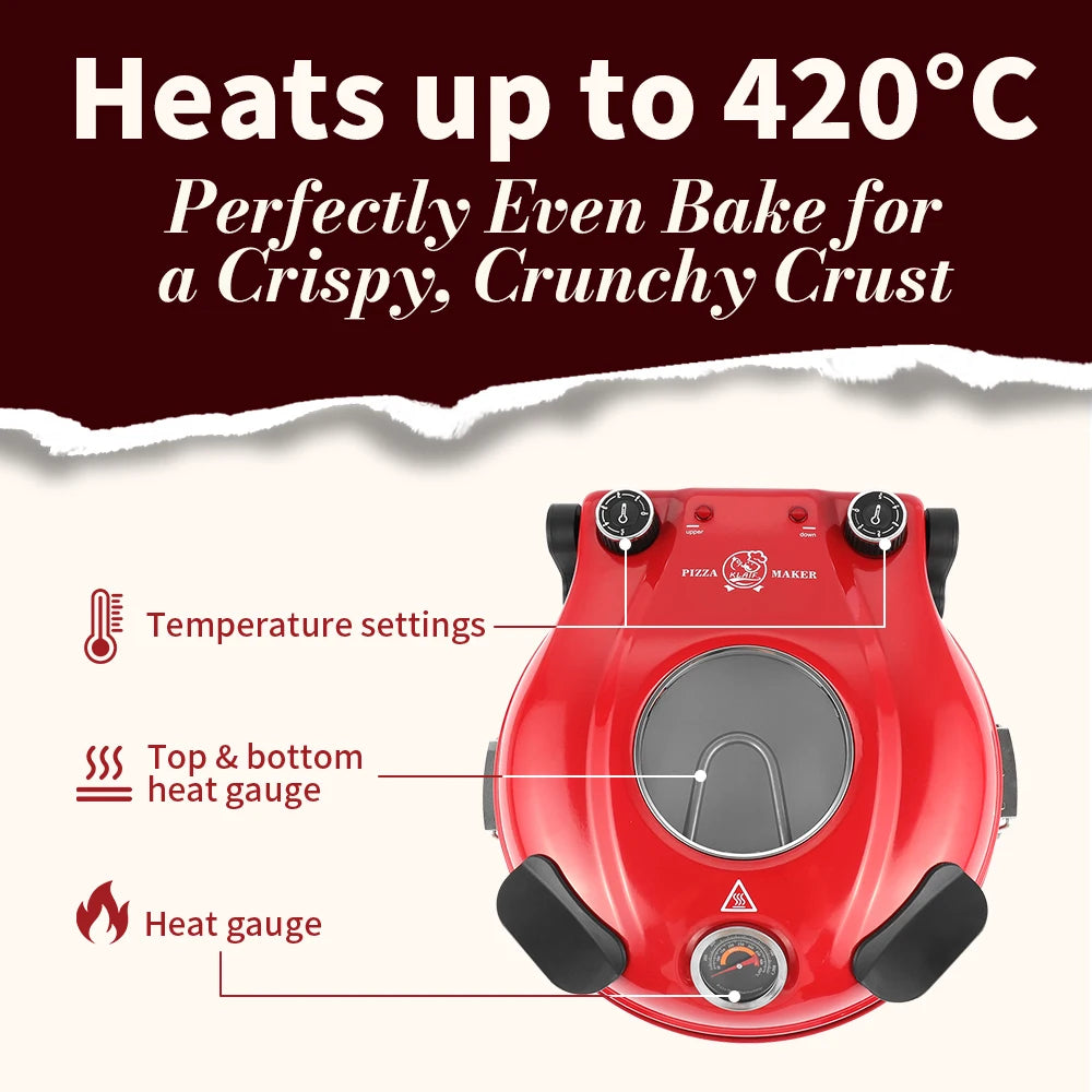 Klaif 12’’ Electric Pizza Oven Indoor Double-sided Heated Fry Countertop Oven Pizza Maker 1200W 5-Min Crisp Dual Knob Control