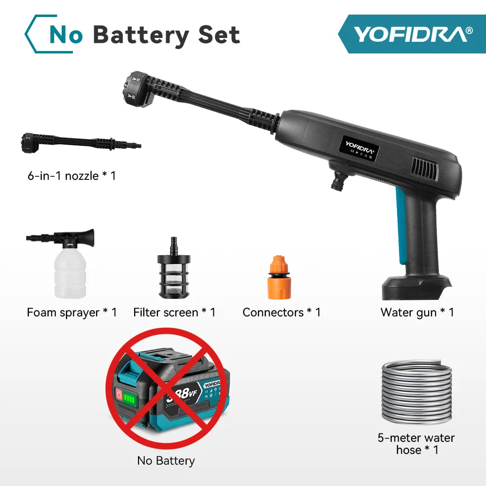 YOFIDRA 6-in-1 100Bar elektrische waterpistool met 22L inklapbare emmer, hogedrukreiniger voor thuis en auto, geschikt voor Makita 18V-accu
