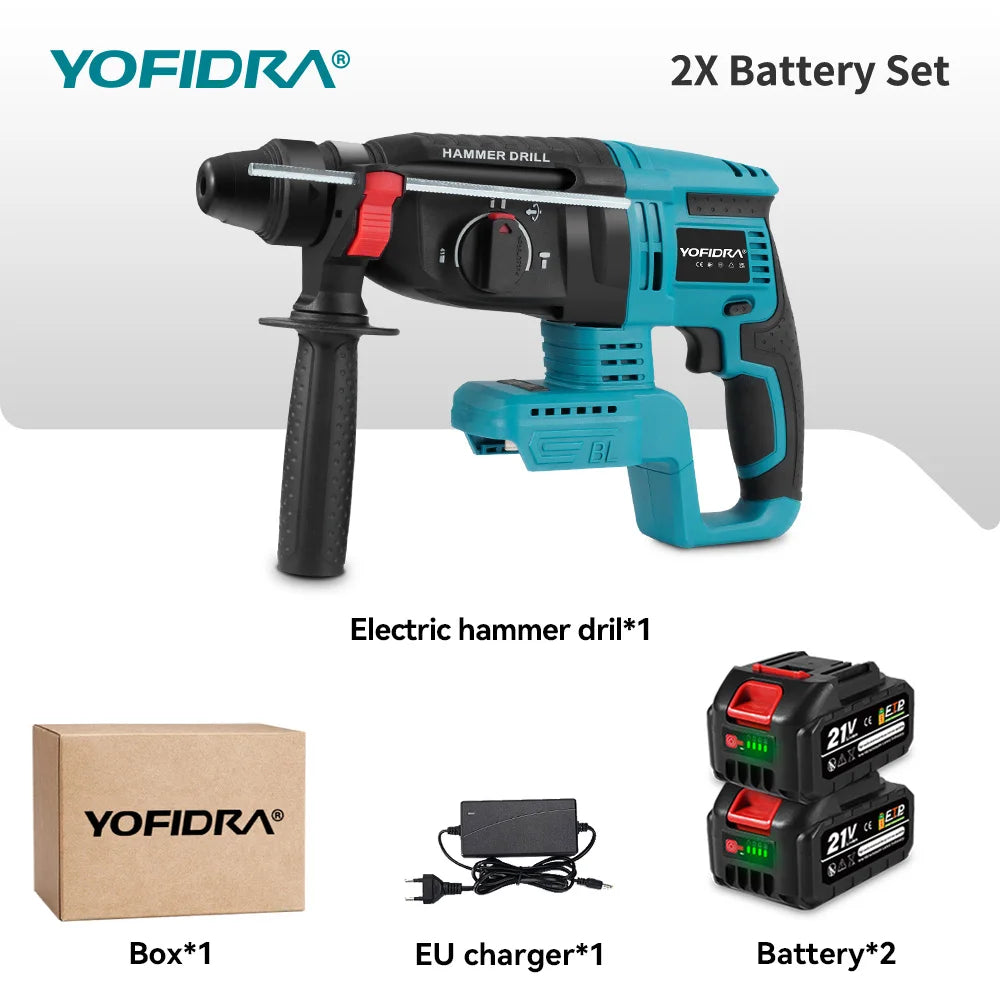 Perceuse à percussion sans fil YOFIDRA, marteau perforateur électrique sans balais 26 mm, ensemble d'outils électroportatifs pour le travail du bois, compatible avec batterie Makita 18V