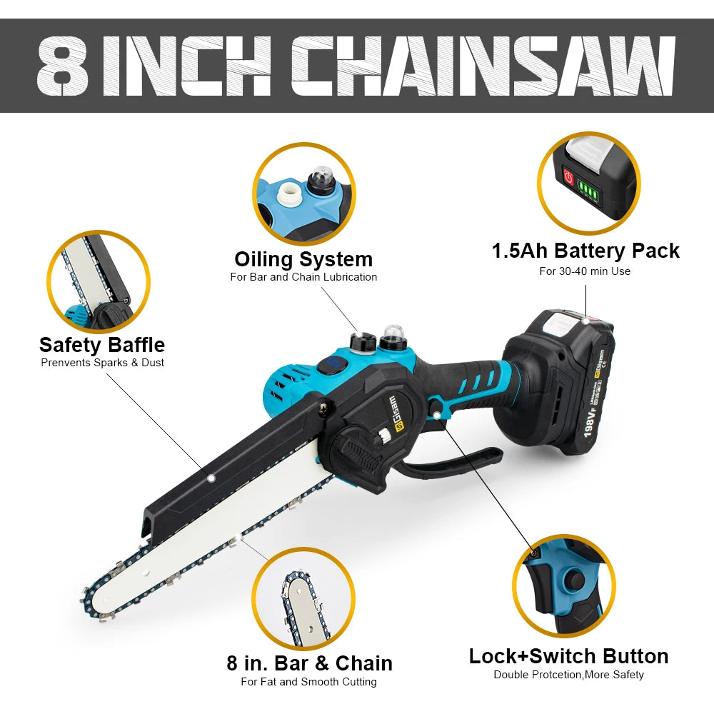 Gisam 8 inch borstelloze elektrische zaag, eenhandige elektrische kettingzaag, houtbewerkings- en tuingereedschap, snoeizaag voor Makita 18V accu