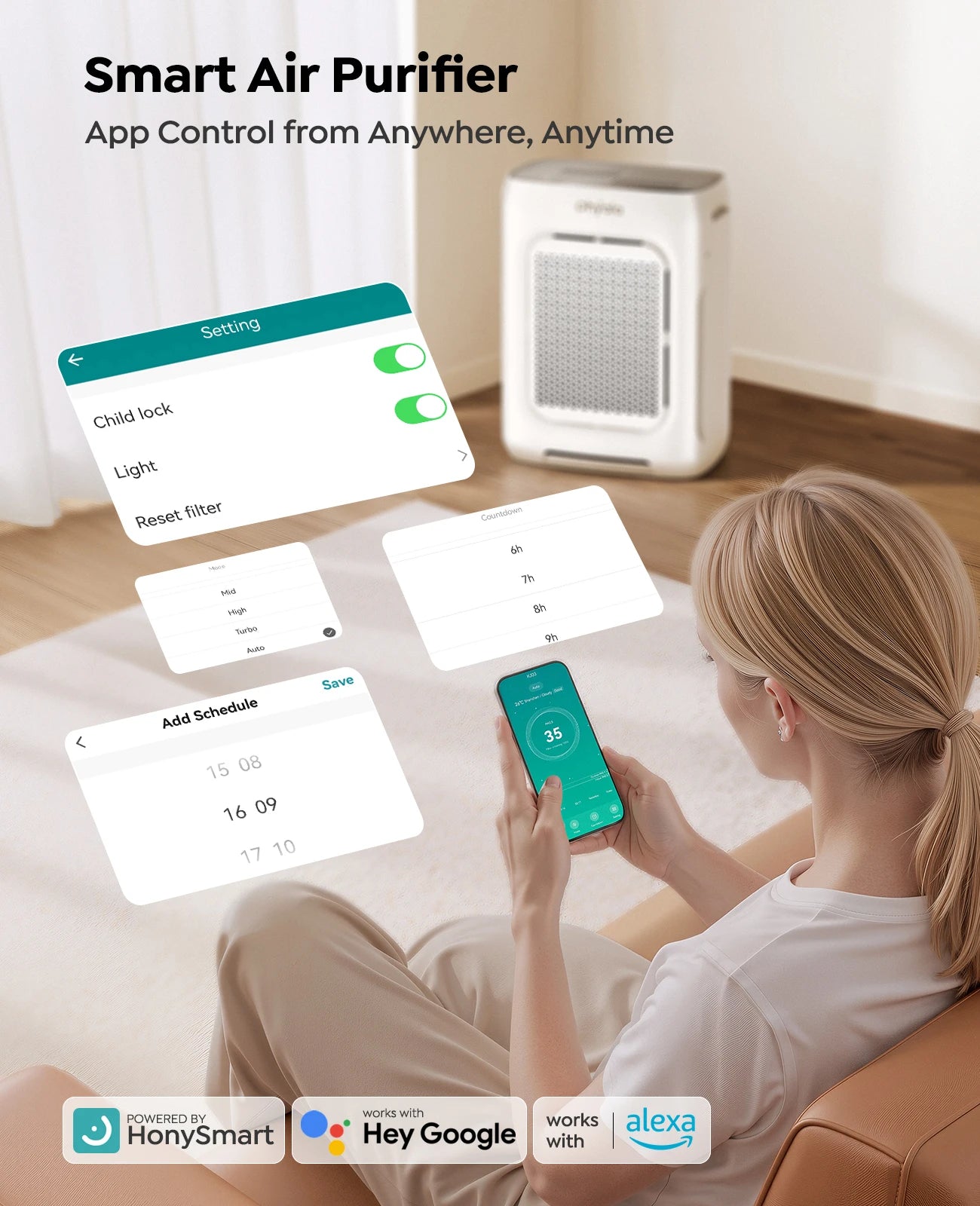 Dhyala Air Purifier for Home, Bedroom, Dust, Pets, Smoke etc., Up to 3000 sq ft, H13 HEPA Filter with Washable Pre-Filter, Air Quality Sensor, Aromatherapy, Child Lock