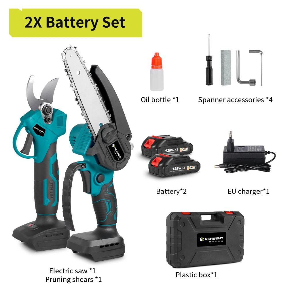 NEWBENY Brushless 30MM Electric Pruning Shears ＆ 6 inch Chainsaw Cordless Garden Cutter DIY Tools Set For Makita Battery Pin