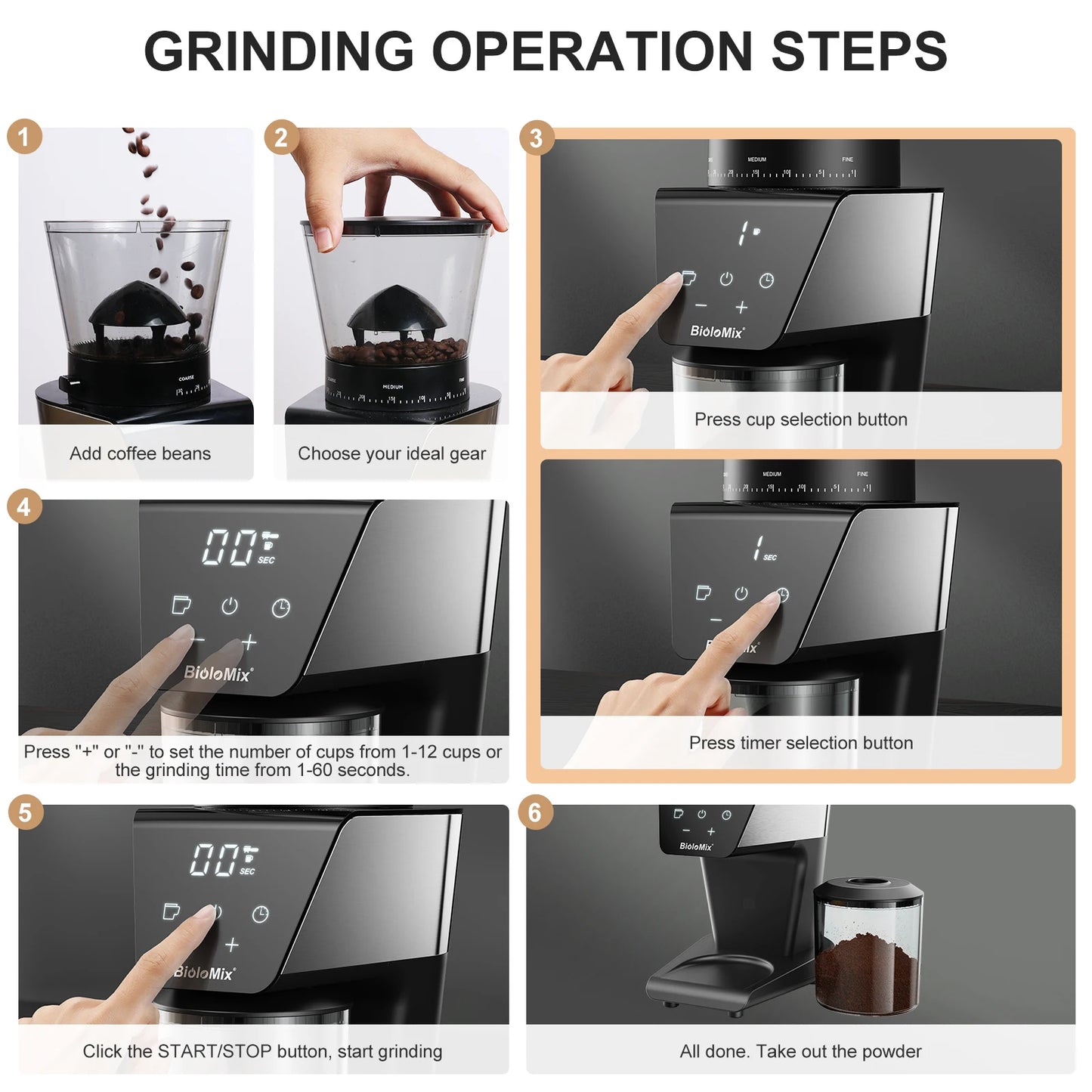 BioloMix Electric Coffee Grinder with Magnetic Ring - 30 Precise Grind Settings for Espresso, American, and Pour Over Coffee