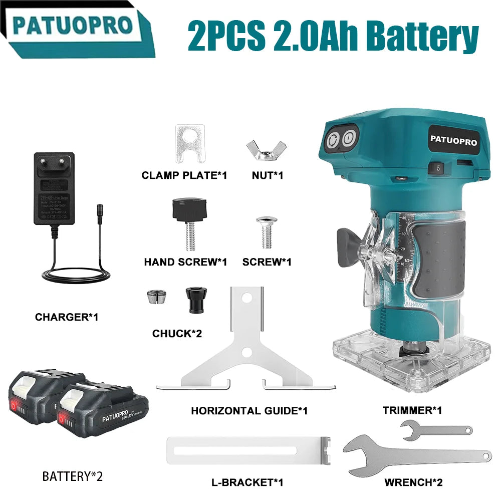 Affleureuse électrique sans balais, 5 vitesses avec 3 pinces de serrage, défonceuse à bois sans fil pour gravure et rainurage, compatible batterie Makita 18V