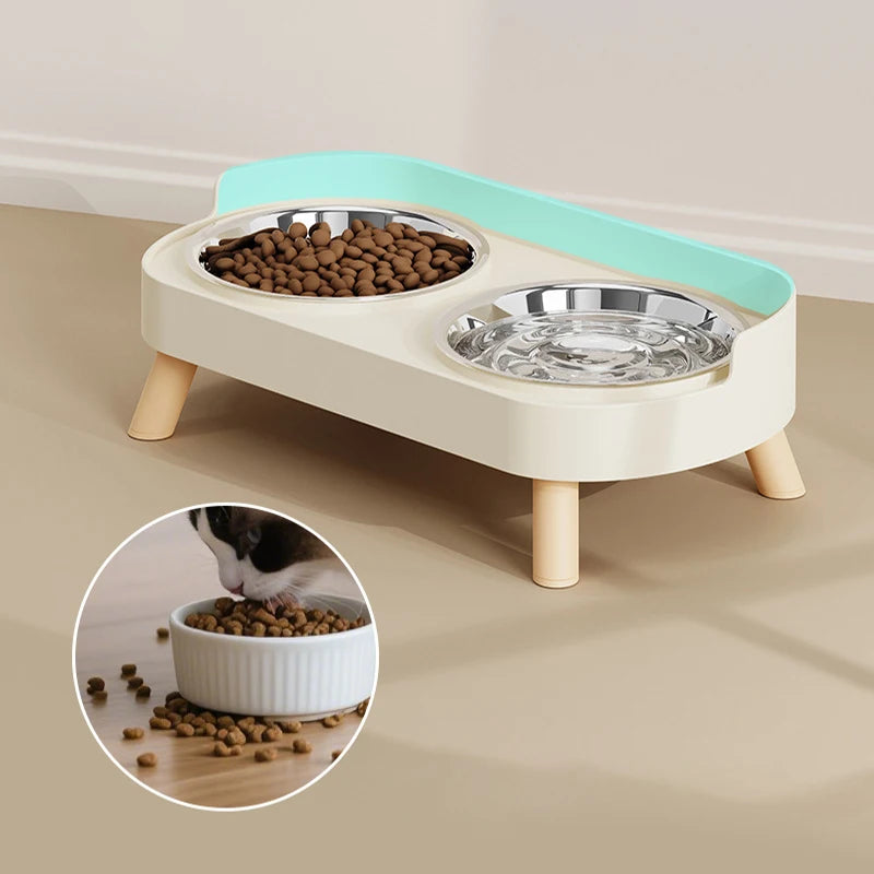 Double Pet Food Water Bowls Non-Slip Cat Bowl Stainless Steel Raised Cat Food Bowls with Stand Anti-splash Dog Bowl Pet Supplies