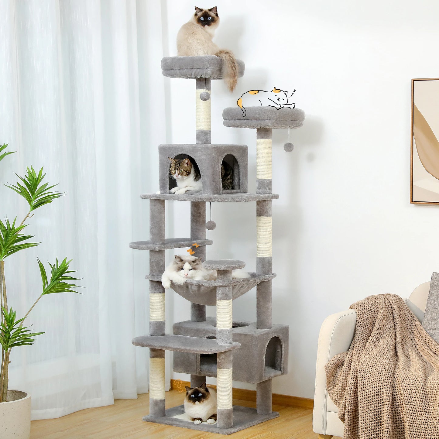 Tall gray multi-level cat tree with scratching posts, perches, hammocks, and enclosed condos.