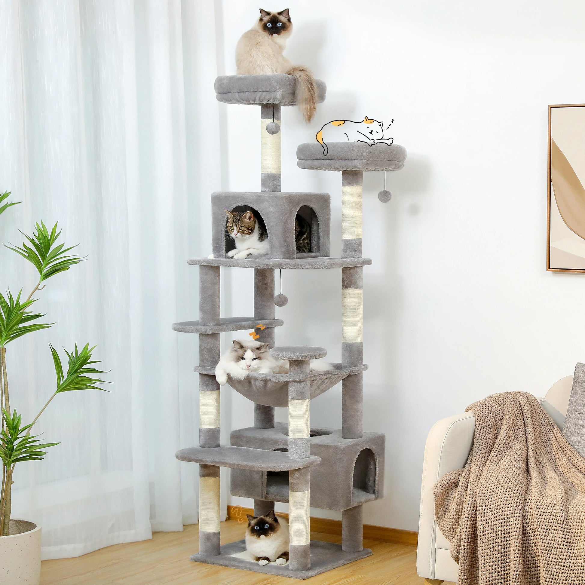Tall gray multi-level cat tree with scratching posts, perches, hammocks, and enclosed condos.