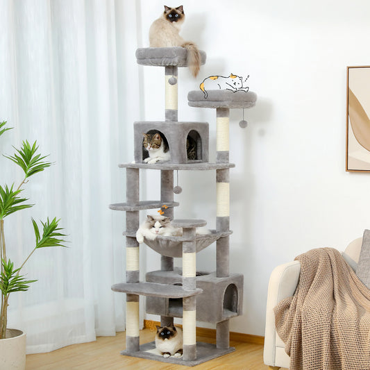 Tall gray multi-level cat tree with scratching posts, perches, hammocks, and enclosed condos.