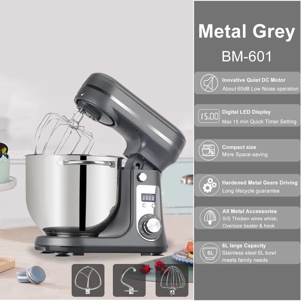 Robot pâtissier multifonction BioloMix 6 vitesses, moteur silencieux 1200W CC, bol en acier inoxydable de 6L avec fouet, batteur et crochet pétrisseur