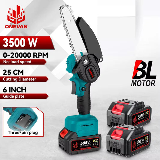 ONEVAN 3500W 6 Inch Brushless Electric Chainsaw Cordless Portable Electric Saw Woodworking Power Tool For Makita 18V Battery Pin