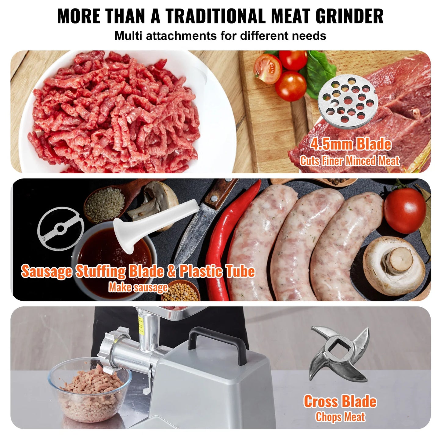SucceBuy 5 Lb/Min Capacity Electric Meat Grinder Meat Mincer with Blade, Grinding Plate, Sausage Stuffing Blade and 3 Tubes