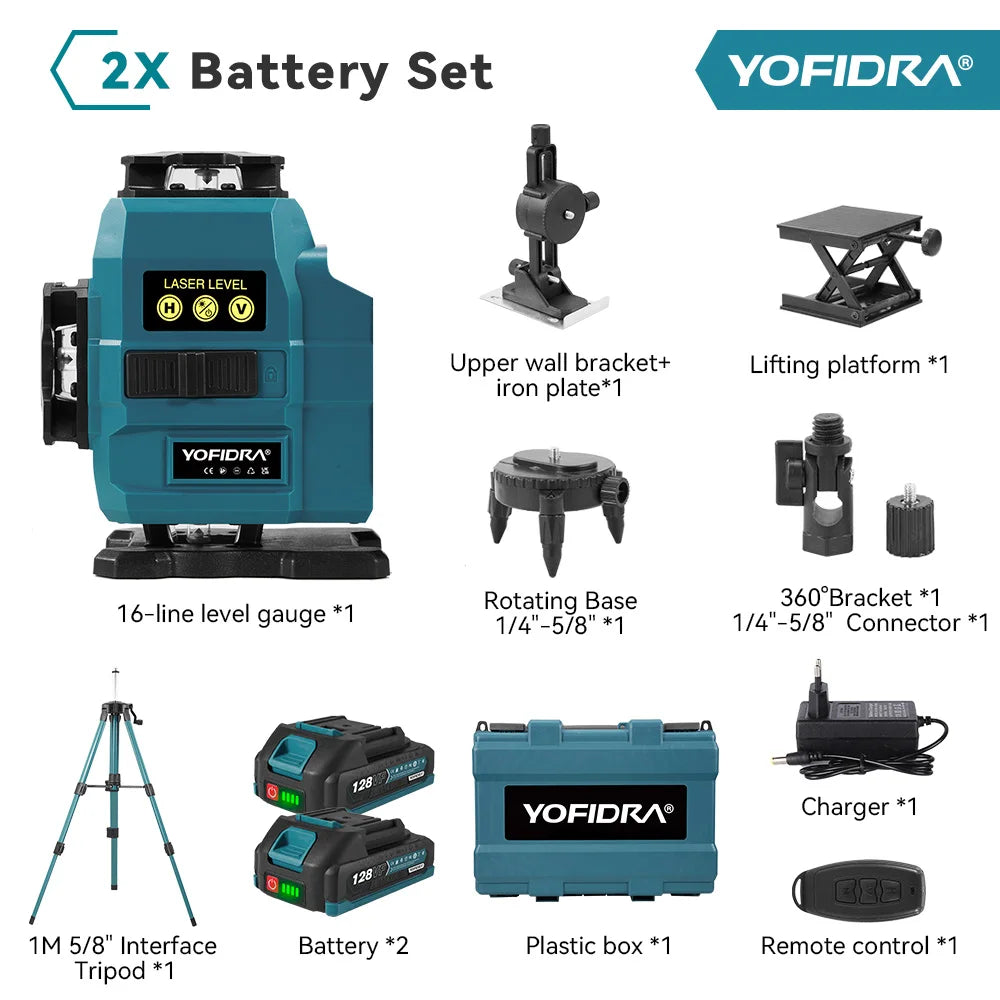 YOFIDRA 16 Lijnen 4D Laserwaterpas Zelfnivellerend 360° Horizontaal Verticaal Nivelleergereedschap met 1M Statief voor Makita 18V Accu Pin