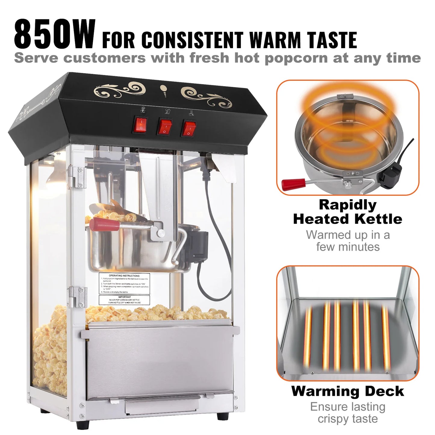 SucceBuy Popcorn Maker 850W Popcorn Popper Machine 8 Oz Kettle Makes 48 Cups per Batch Countertop Popcorn Maker for Commercial