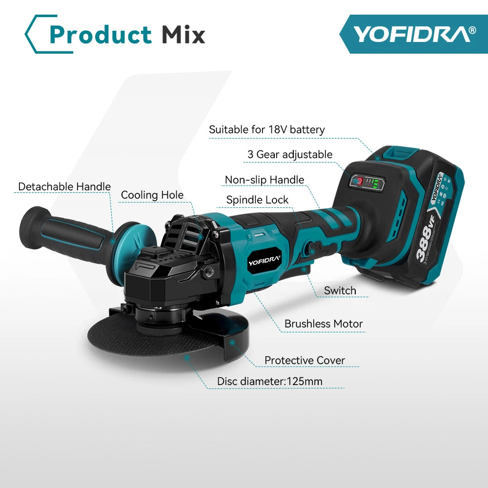 YOFIDRA 125MM Borstelloze Elektrische Haakse Slijpmachine Efficiënte 3 Versnellingen Trimmen Machine Snijgereedschap Set Voor Makita Accu Pin