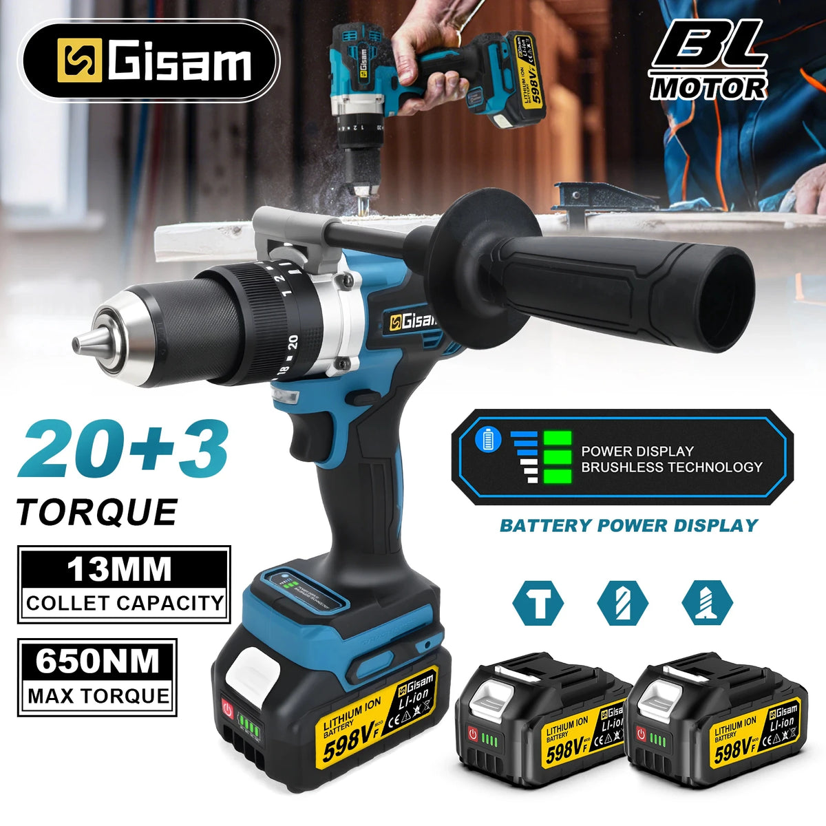 Gisam 650NM Elektrische Slagboormachine 13mm Borstelloze Schroevendraaier Boorkop Accu Klopboormachine voor Makita 18V Accu Pins