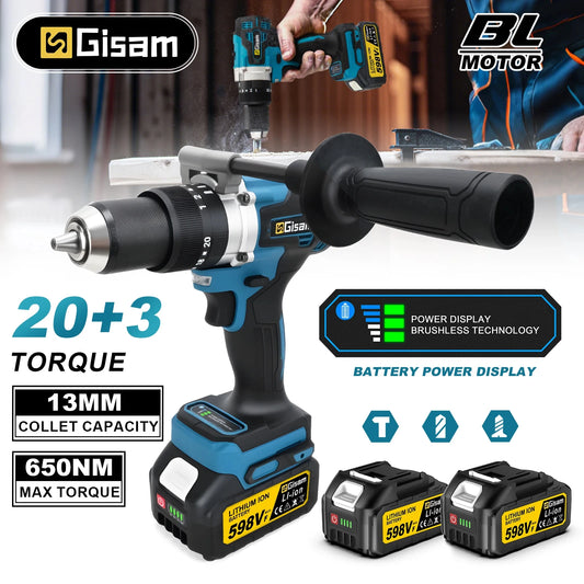 Gisam 650NM Electric Impact Drill 13mm Brushless Screwdriver Chuck Battery Impact Hammer Drill For Makita 18V Battery Pins
