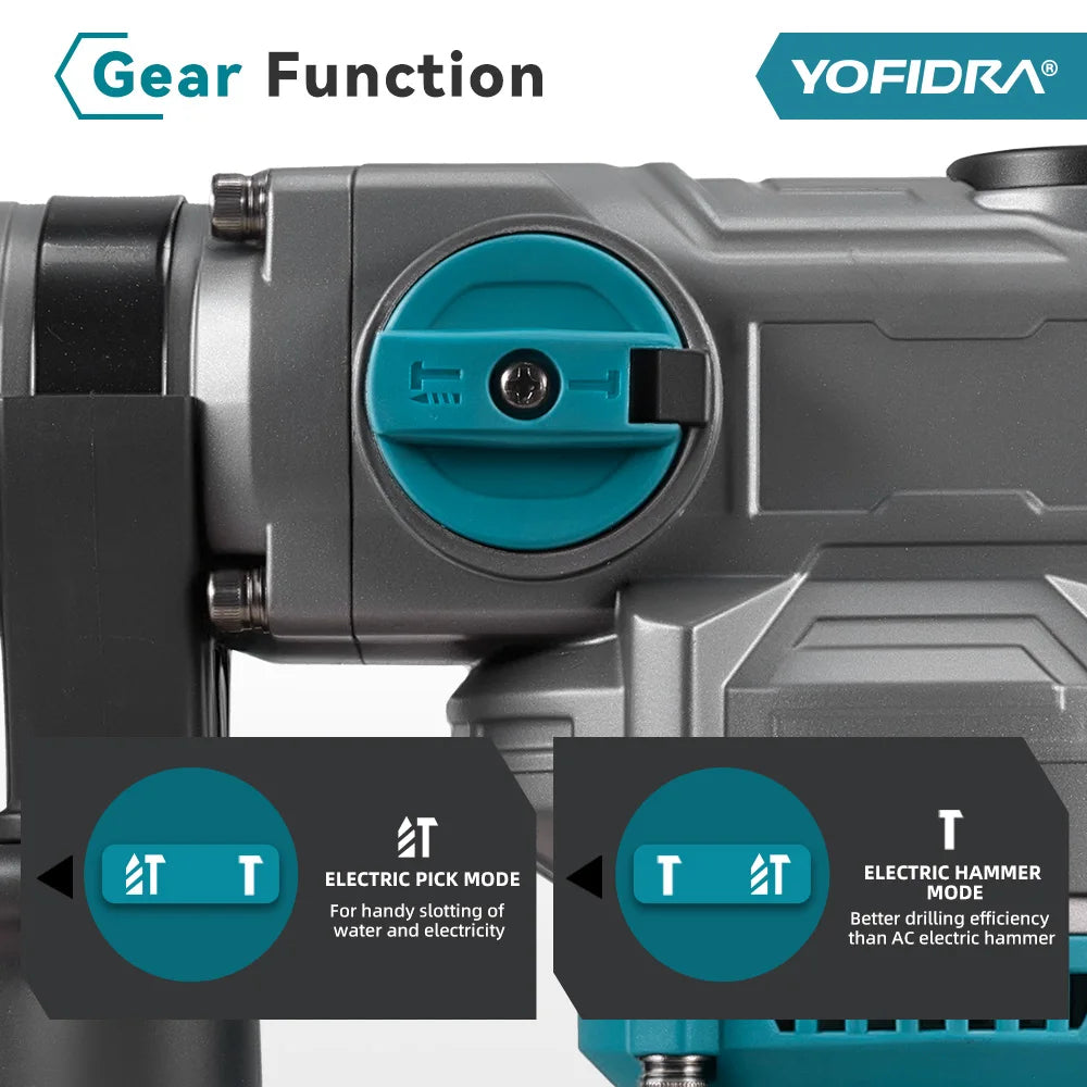 Marteau perforateur électrique sans balais YOFIDRA 3500W, 26 mm, multifonction, perceuse à percussion sans fil, outil électrique rotatif compatible avec batterie Makita