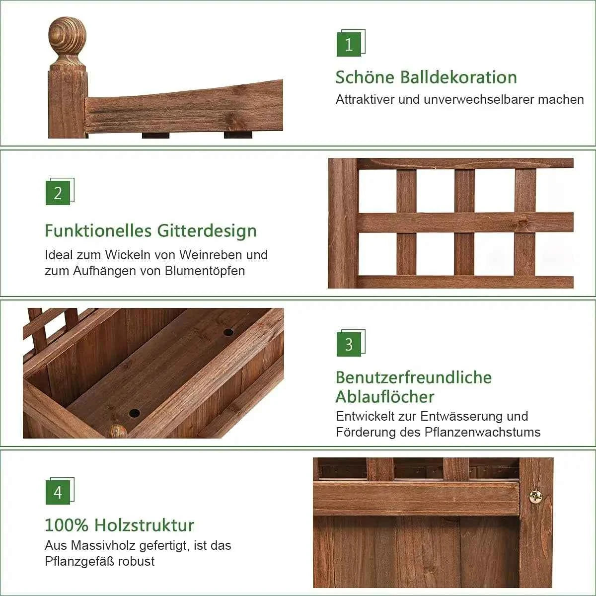 Flower Box with Trellis, Wooden Planter, Raised Bed with Trellis, Flower Tub, Trellis , 64.5 x 28 x 75 cm, Brown