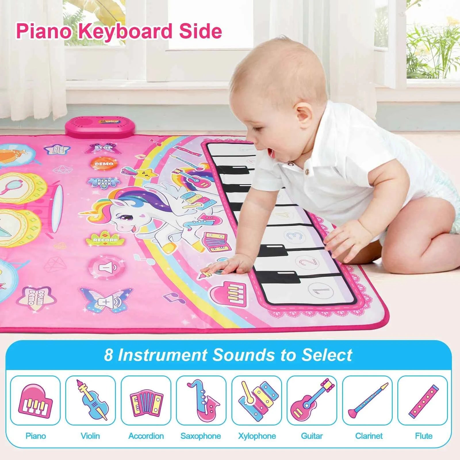 90x70cm Unicorn Music Mat - 2 in 1 Piano Keyboard and Drum Dance Mat for Kids, Educational Toys with 8 Instruments Sounds