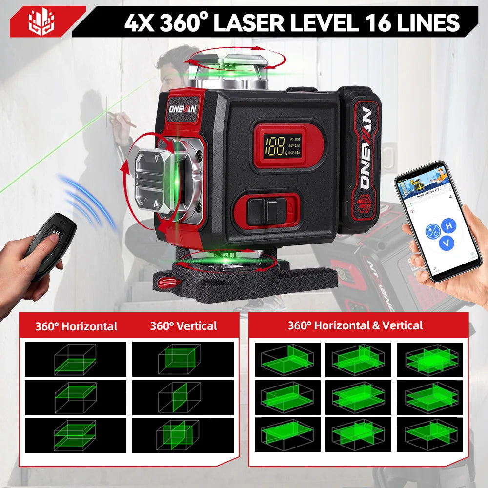 Niveau laser 4D autonivelant 16 lignes ONEVAN avec trépied, faisceau laser vert puissant, lignes croisées horizontales et verticales à 360°