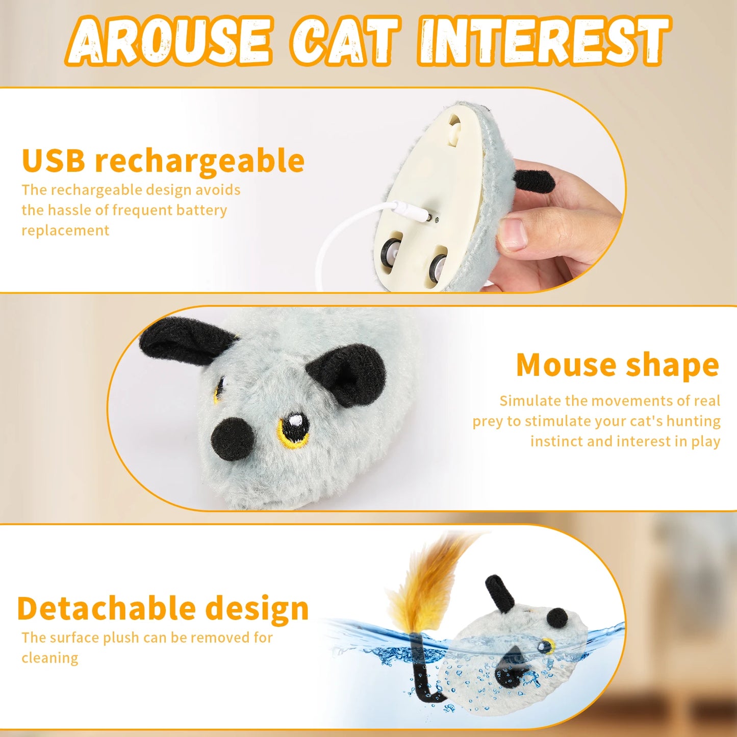 Rechargeable, mouse-shaped, detachable plush cat toy.