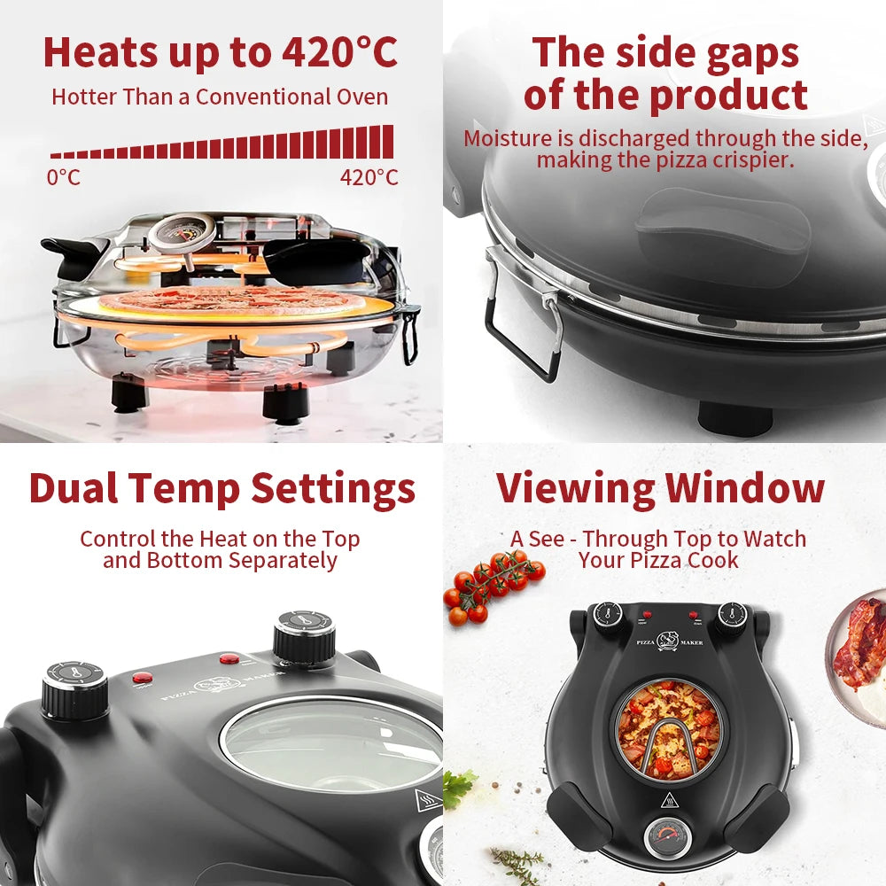 Klaif Electric Pizza Maker, 420℃, 1200 Watt, 5 Separate Temperature Levels, Flame Resistant Stone Plate 1200W 32cm
