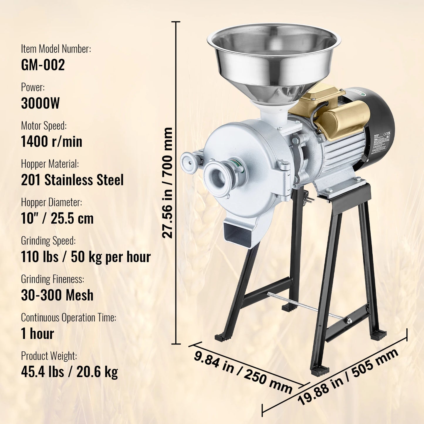 SucceBuy Electric Grain Mill Grinder 3000W Spice Grinders Commercial Corn Mill with Funnel Cereal Wheat Grinders Dry&Wet Grinder