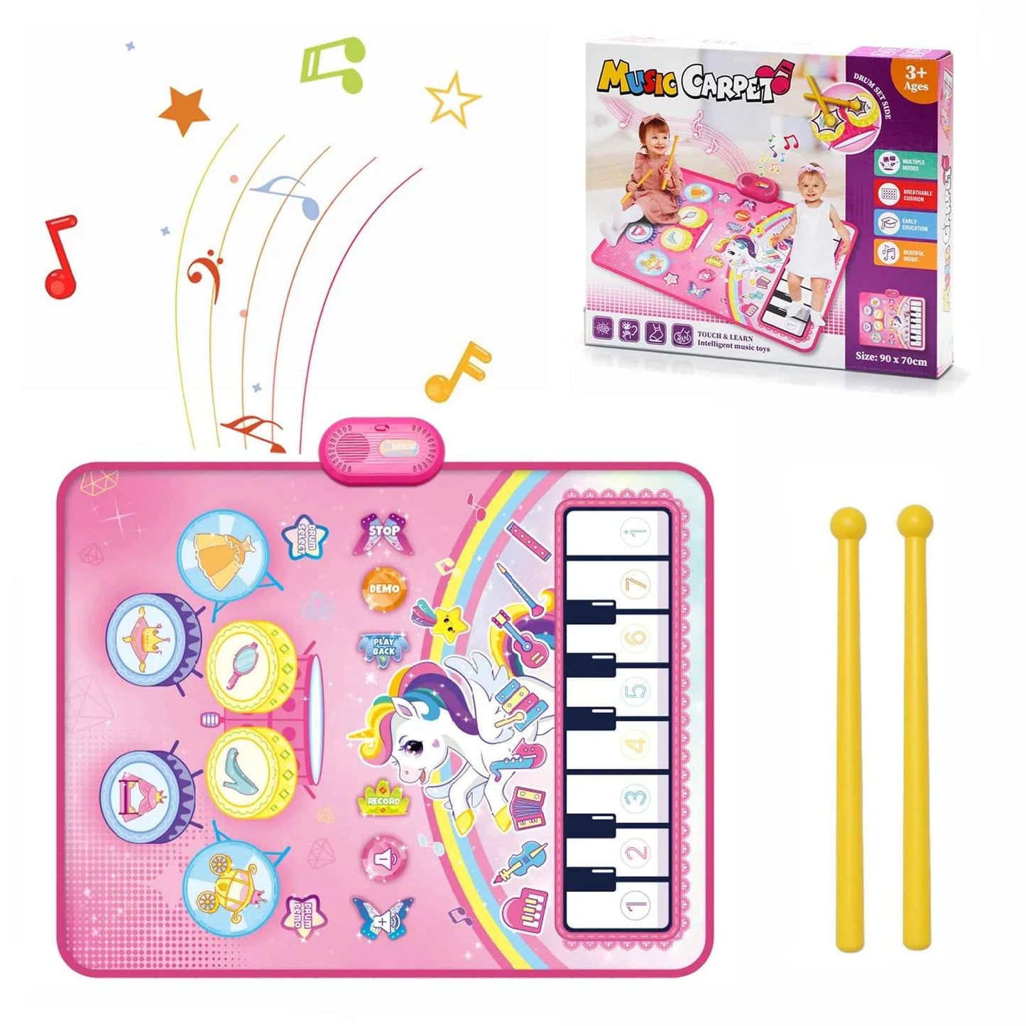 90x70cm Unicorn Music Mat - 2 in 1 Piano Keyboard and Drum Dance Mat for Kids, Educational Toys with 8 Instruments Sounds