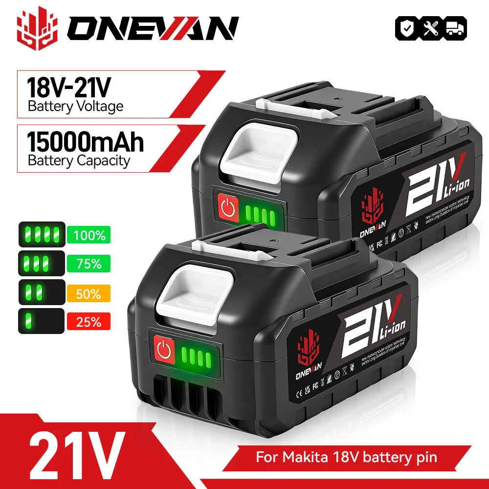 ONEVAN Oplaadbare Lithium-ion accu 15000mAh Li-ion accu Elektrische kettingzaag moersleutel elektrisch gereedschap voor Makita 18V accupin