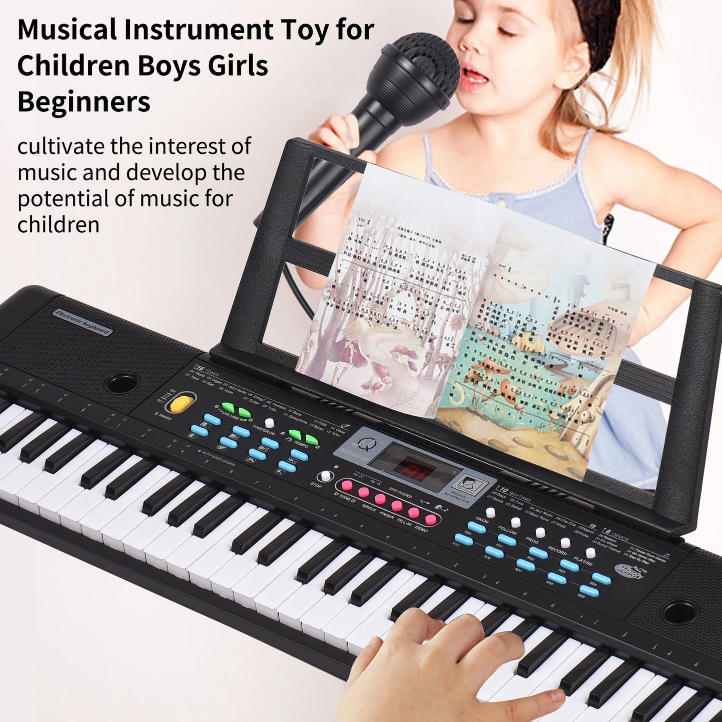 61 Keys USB Electronic Organ with Microphone Black Digital Music Electronic Keyboard LED Display with 16 Tones 10 Rhythms