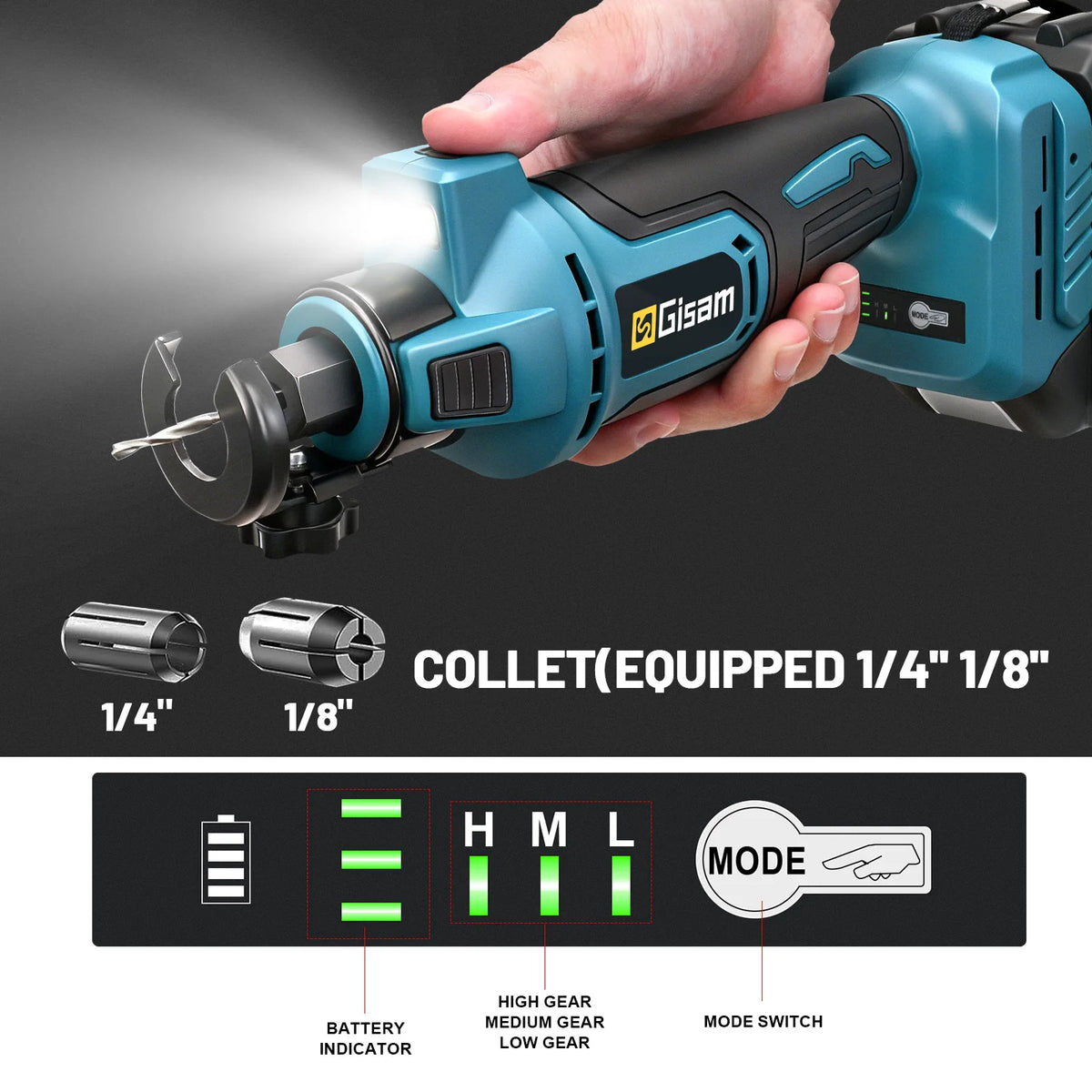 Outil de découpe électrique sans fil Gisam 3 vitesses, scie rotative sans fil 3,18 mm 6,35 mm pour bricolage, bois, plâtre, plaques de plâtre, outil électrique compatible avec batterie Makita 18V