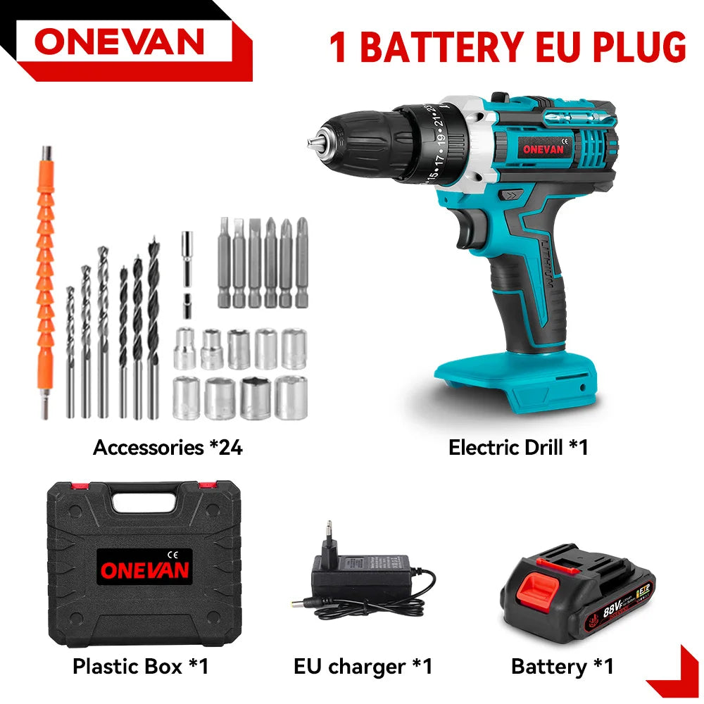 ONEVAN 25+3 Koppel Accuboormachine Elektrische Schroevendraaier 38NM Klopboormachine Elektrisch Gereedschap voor Makita 18V Accu