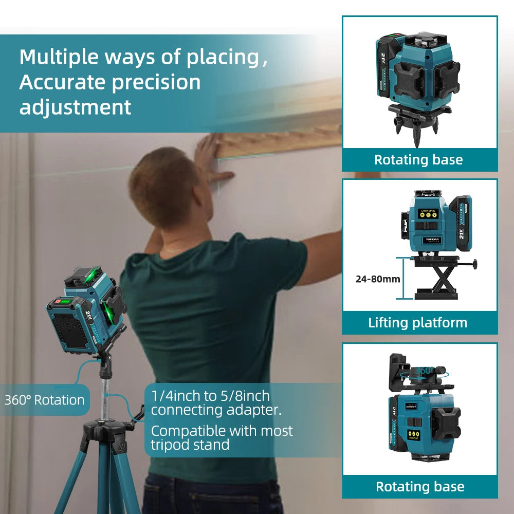 Niveau laser YOFIDRA 4D 16 lignes à nivellement automatique, outils de mise à niveau horizontale et verticale à 360° avec trépied de 1M pour batterie Makita 21V