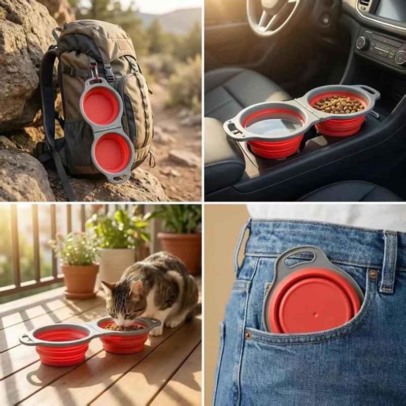 Silicone Pet Dog Double Bowl Collapsible Portable Dog Feeder Bowl Outdoor Travel Puppy Food Container Dog Accessories