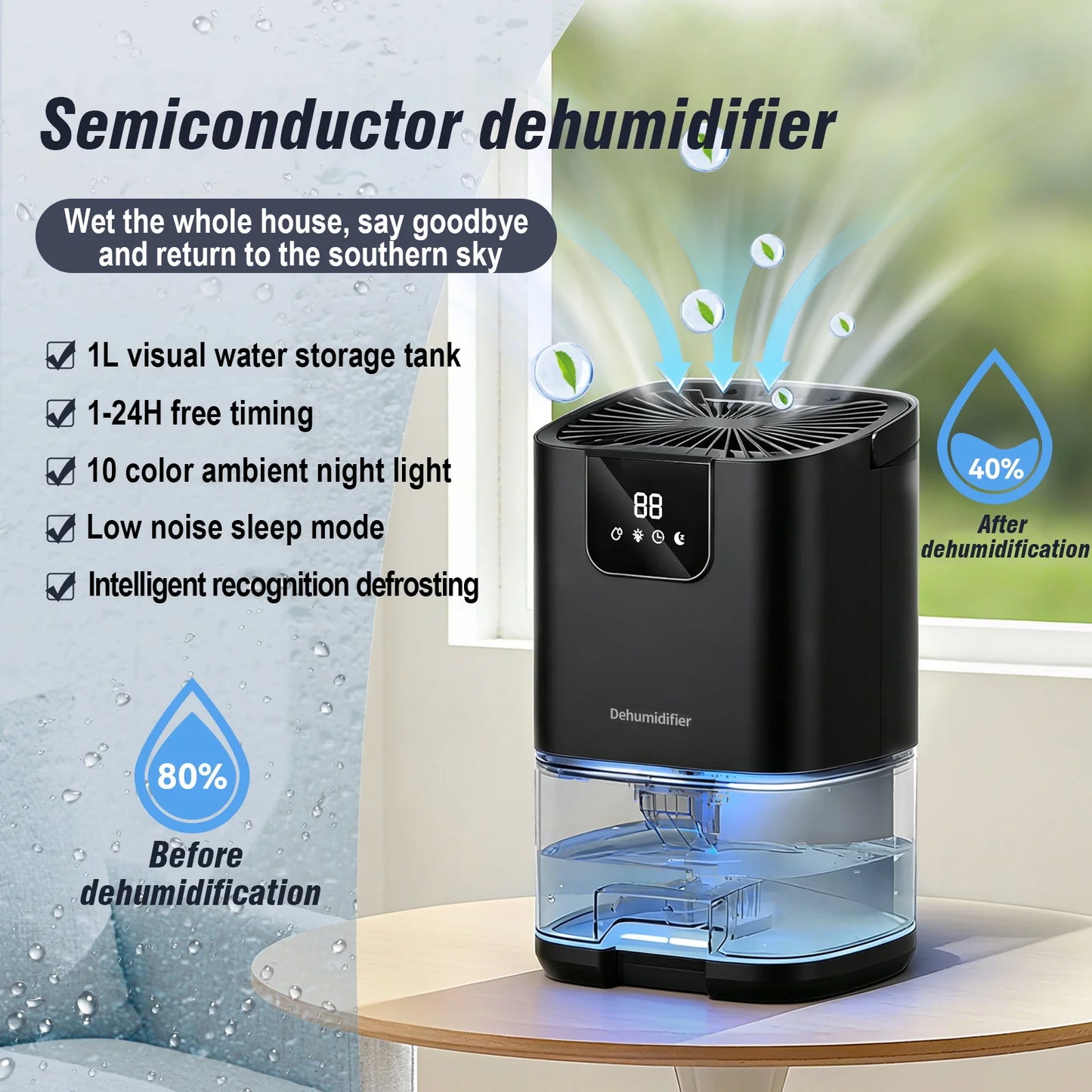 Air DehumidifierCapacity Humidity Dehumidifier with Digital Display Night Light Home Dehumidifier Air Dryer for Bathroom Toilet