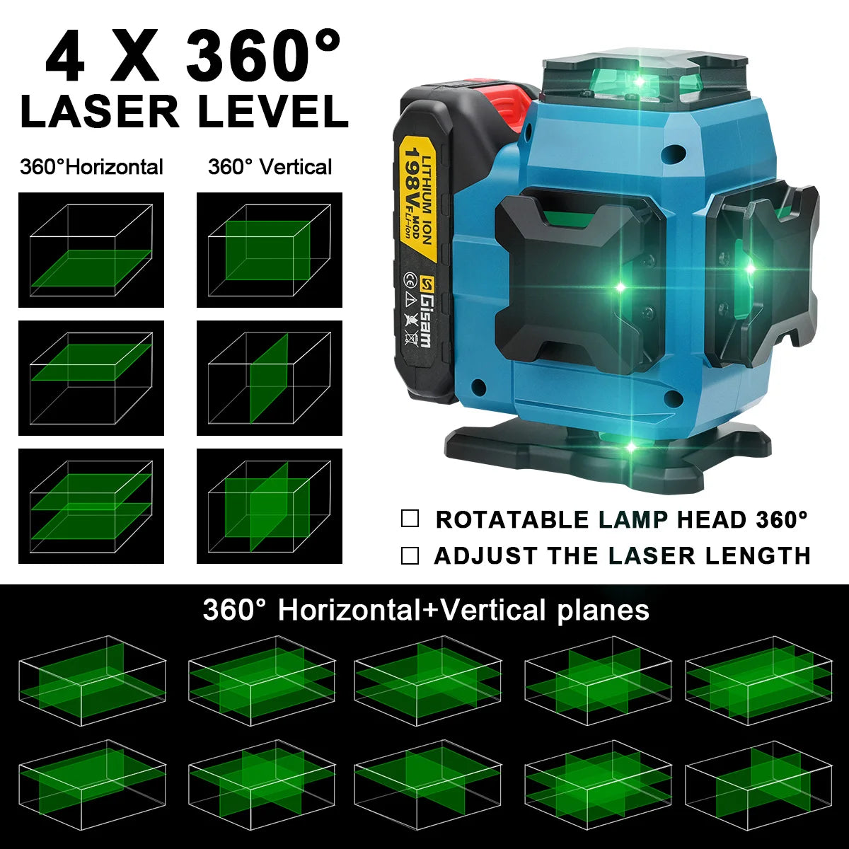 Gisam 16 Lines 4D Laser Level 360 Vertical & Horizontal Lasers Professional Super Power Green Beam For Makita 18V Battery Pins