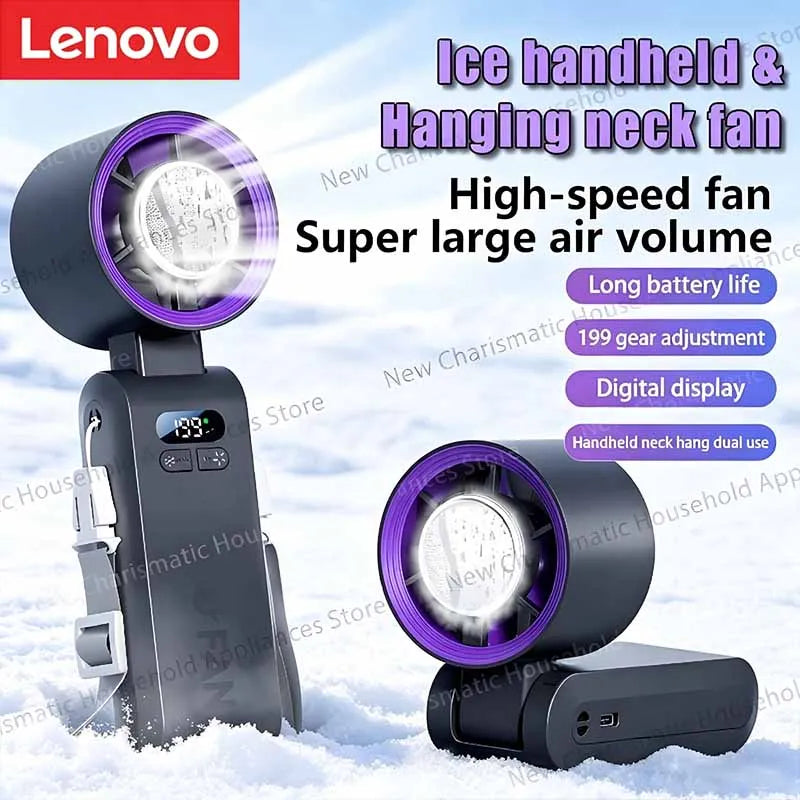 Lenovo halfgeleider-ijskoelingsventilator, 199 standen, hogesnelheidsventilator, draagbare handventilator, 4000 mAh, USB, draagbare nekventilator voor buiten