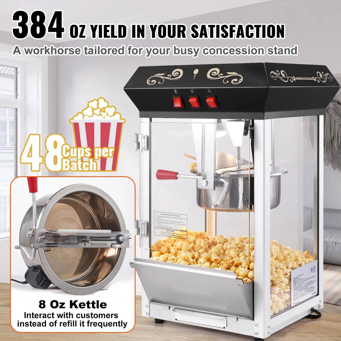 SucceBuy Popcorn Maker 850W Popcorn Popper Machine 8 Oz Kettle Makes 48 Cups per Batch Countertop Popcorn Maker for Commercial