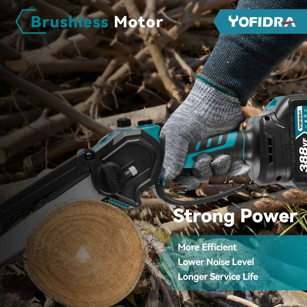 YOFIDRA 8Inch Brushless Electric Chainsaw Cordless Pruning Cutting Wood Tree Branch Garden Power Tool for Makita 18V Battery Pin