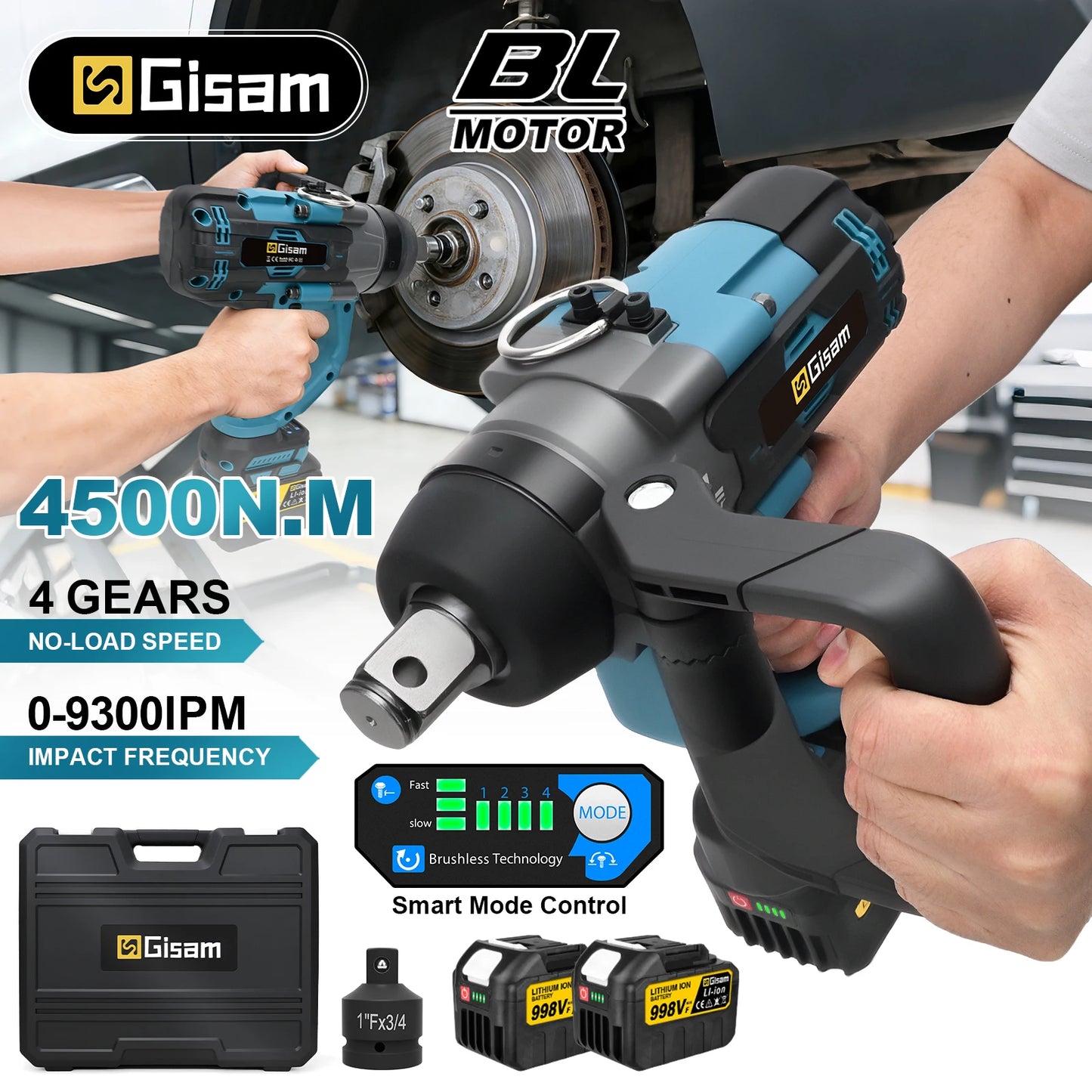 Gisam 4500N.M Brushless Electric Wrench 1 inch Impact Wrench Cordless High Torque Heavy-duty Tire Repair Wrench Screwdriver Drill Power Tool For Makita 18V Battery Pin