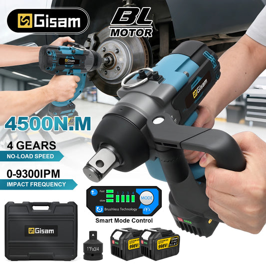 Gisam 4500N.M Brushless Electric Wrench 1 inch Impact Wrench Cordless High Torque Heavy-duty Tire Repair Wrench Screwdriver Drill Power Tool For Makita 18V Battery Pin