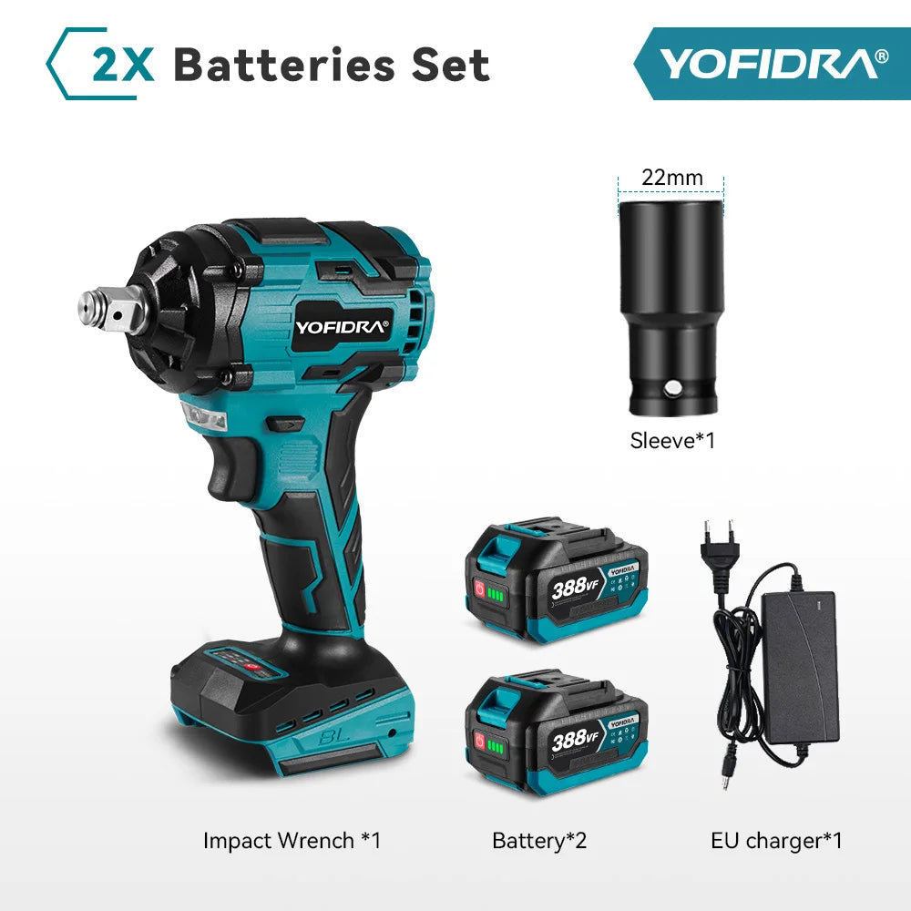 YOFIDRA Boulonneuse à chocs électrique sans fil 1/2" 1000 N.m, clé à chocs portative pour vissage automobile, ensemble avec douilles, compatible batterie Makita avec goupille