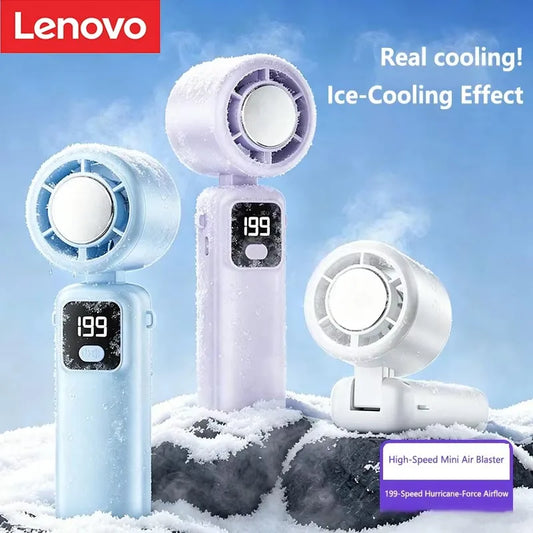 Lenovo 2026 Portable Handheld Fan Semiconductor Ice Cooling Mini Rechargeable USB Fan Strong Wind Desktop Outdoor Travel Cooler