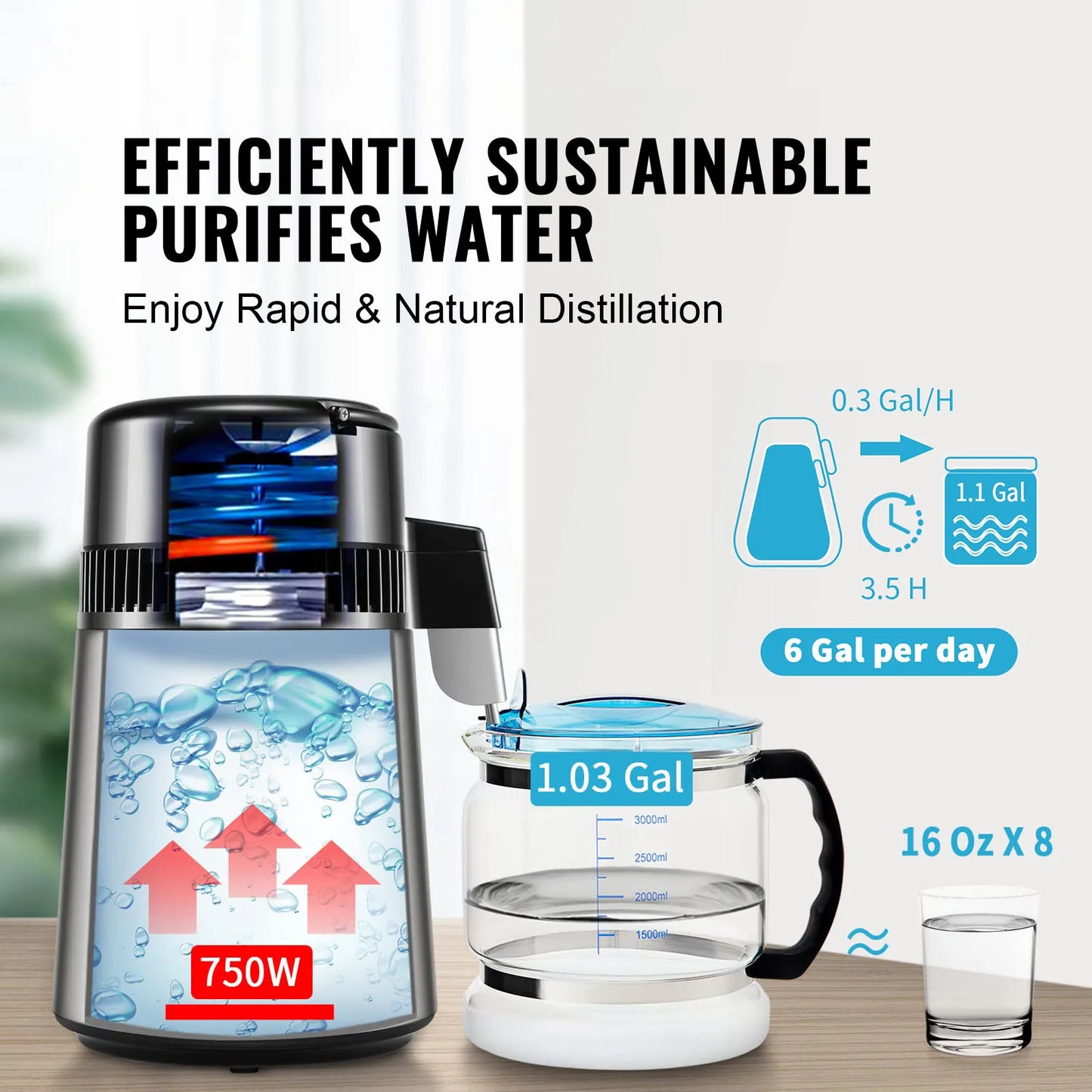 Succebuy Water Distiller 4L 1.05 Gallon Pure Water Purifier Filter For Home Countertop750W Distilled Water Maker Stainless Steel