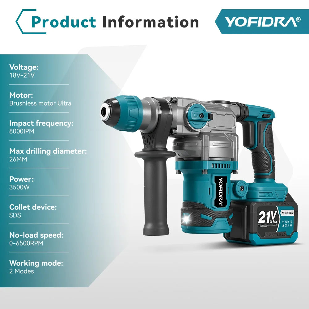Marteau perforateur électrique sans balais YOFIDRA 3500W, 26 mm, multifonction, perceuse à percussion sans fil, outil électrique rotatif compatible avec batterie Makita
