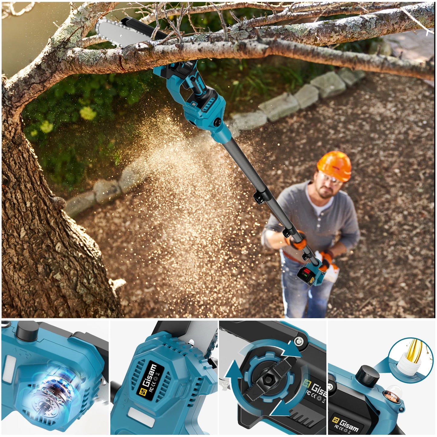 Gisam 2in1 Brushless Telescoping Pole Electric Chainsaw Cordless Garden Pruning Tool High Branch Saw for Makita 18V Battery Pin